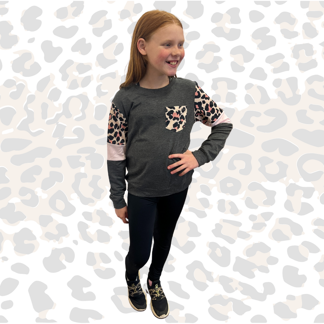 Pink & Gray Leopard Front Pocket Long Sleeve Shirt