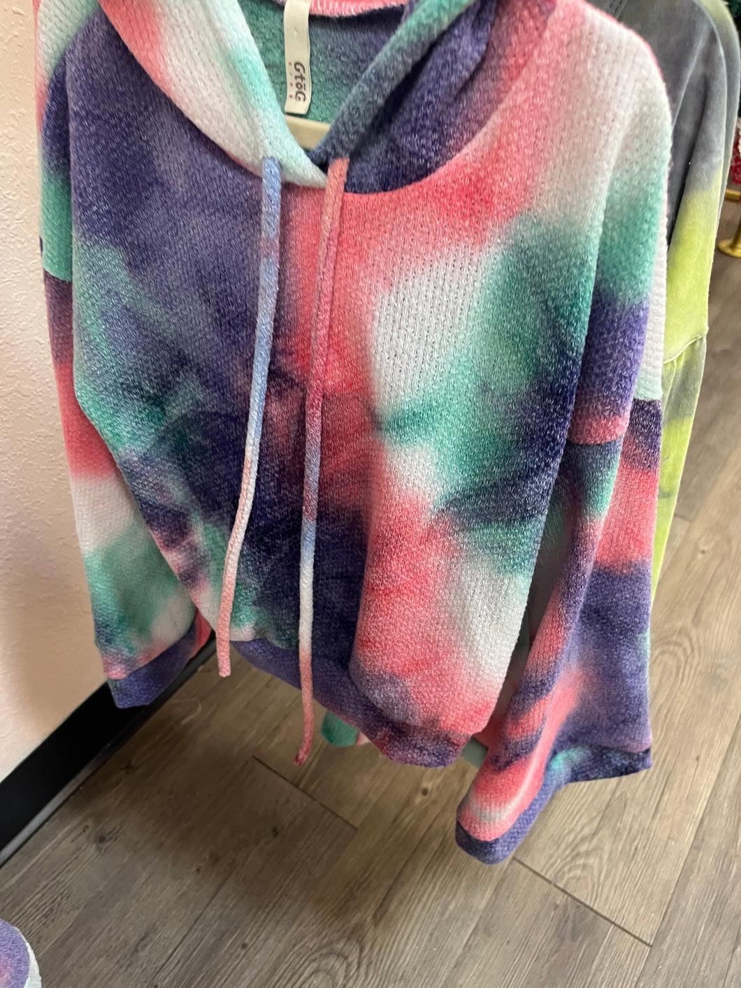 Tie-Dye Waffle Knit Bell Sleeve Hoodie