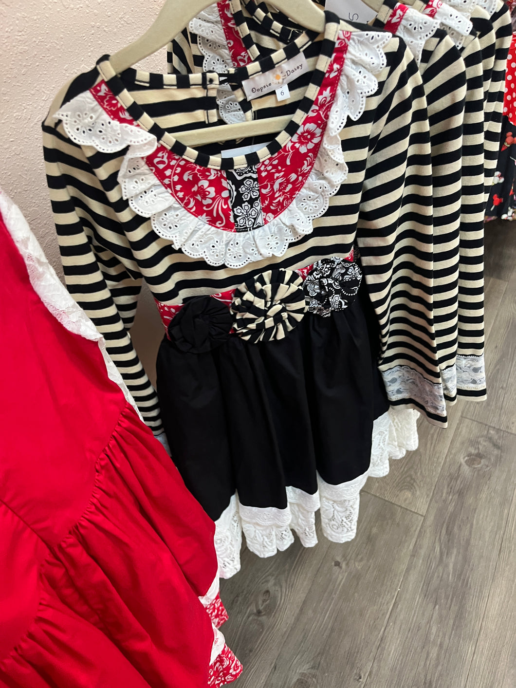 Black and Red Dress with Stripes and Lace